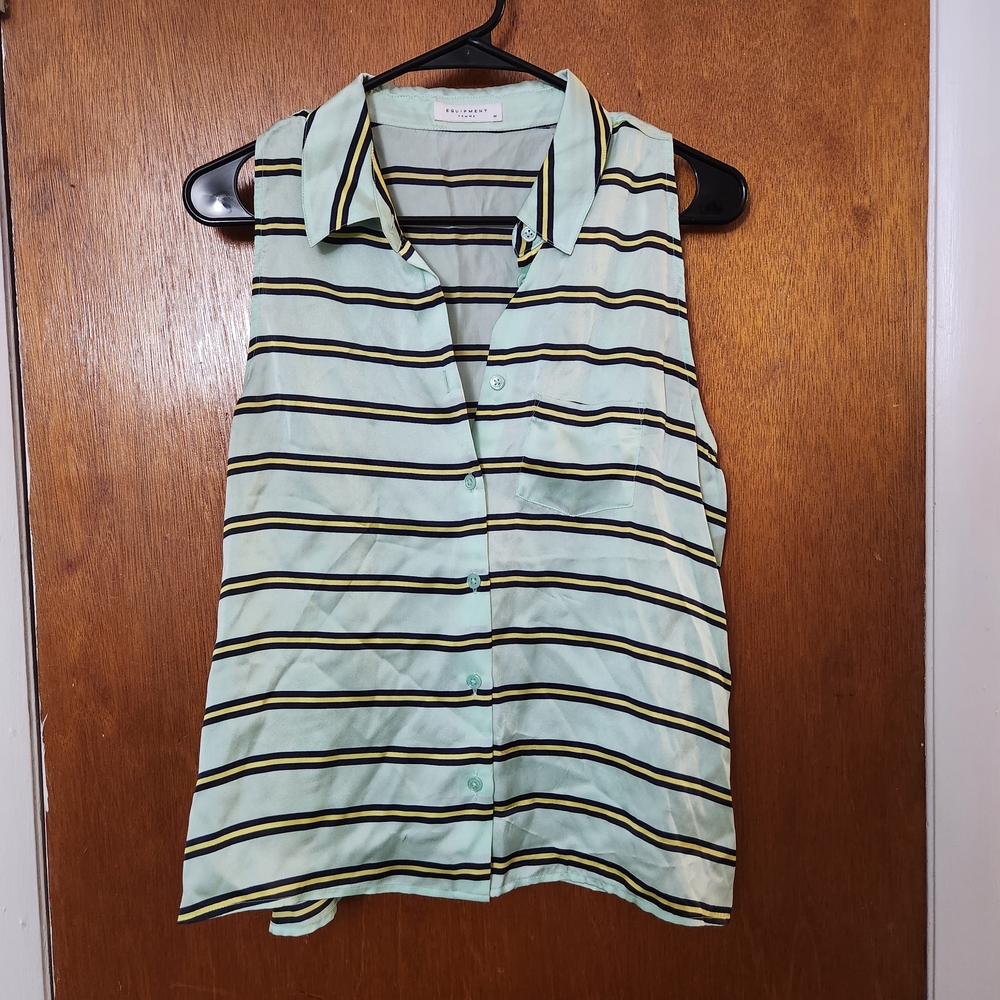 Equipment Sleeveless Button Down - Mint and Black Stripes